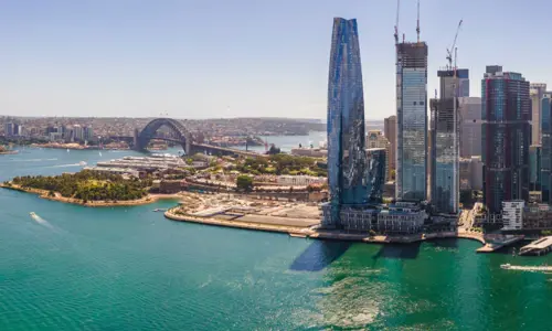 Sydney Harbour and Barangaroo buildings blue sky