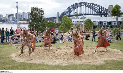 Indigenous group performing at WugulOra, a ceremony celebrating Australias traditional custodians on Australia Day 2016. Image supplierd by DNSW.