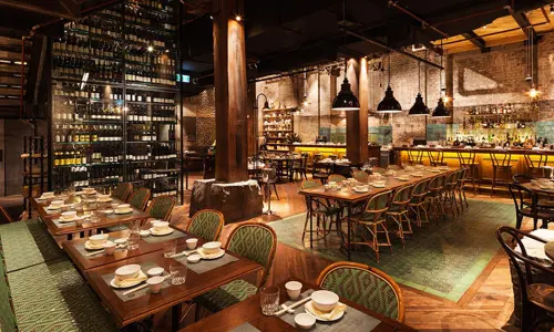 Wide angle photo of restaurant interior at Mr Wong