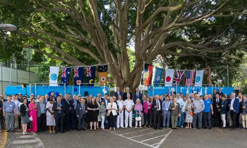Group photo of christening celebration of the OCIUS Bluebottle Bombora