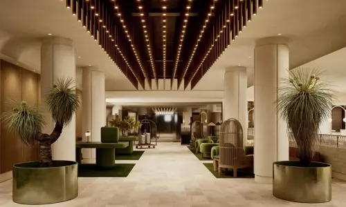 Empty hotel lobby of Sofitel Sydney Wentworth